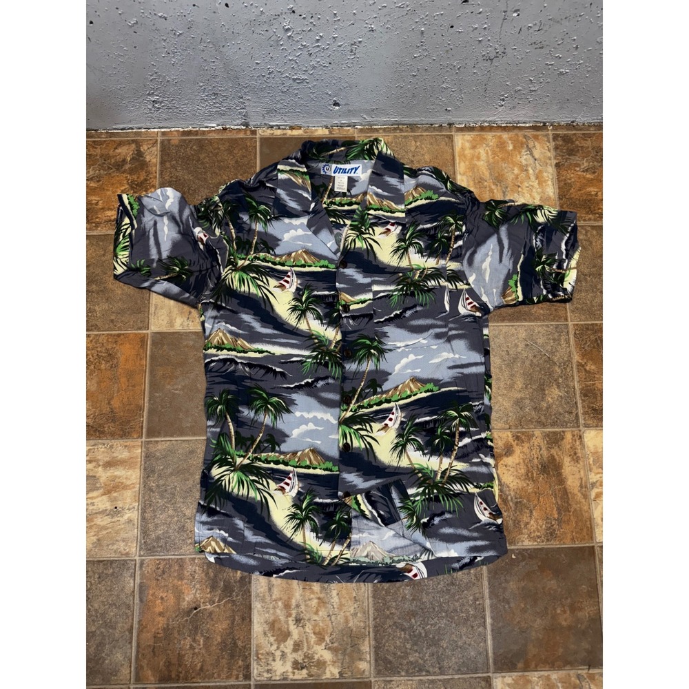 Utility Mens Blue Rayon Tropical Palm Tree Sailboat Scenic Hawaiian Shirt Small
